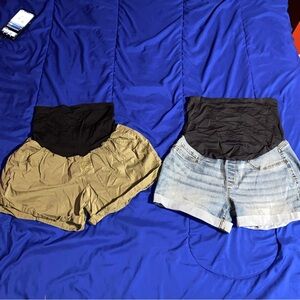 2 pairs XL maternity shorts set army green and light denim good used condition